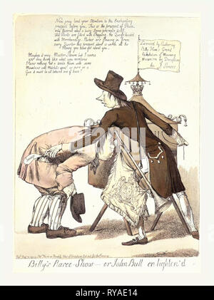 Billy Raree-Show o John Bull En alleggerire'D, [Inghilterra], incisione 1797, Pitt, come un uomo Peep-Show, sorge dal suo box, che è supportato su cavalletti Foto Stock