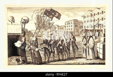 L' abrogazione o il funerale di Miss Ame=timbro, En Sanguine incisione 1766, una processione funebre sulle rive del Tamigi, con depositi in una linea in background, uno dei quali è inscritta la Sheffield e Birmingham magazzino merci nave ora saremmo per l'America. George Grenville trasporta bara inscritto Miss Ame-Stamp B. 1765 morì 1766. Sulla banchina sono due grandi balle, uno dei quali è inscritta, timbri dall America, I.E., timbri ritornò in Inghilterra come non più necessaria a causa dell'abrogazione della Stamp Act. L'altro è contrassegnato, panno nero da America, destinati al corteo funebre Foto Stock