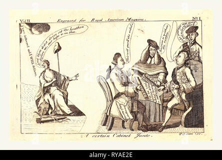 Un certo armadio Junto, En Sanguine incisione 1775, re George III, senza parole (il suo palloncino didascalia è vuoto), seduto sulla destra in una sedia High-Backed a tavola con Lord Nord seduto di fronte a presentare una carta al re che gli Stati per la totale abolizione della civile & Religs Libertà in America e dice, questa volontà di sedare i ribelli, in piedi dietro il tavolo è un uomo che indossa vesti clericali che aggiunge, America è entro l'area di autenticazione, e un uomo, probabilmente Signore Bute, indossando un Tam o'shanter, è in piedi dietro il Re della sedia. Una figura femminile è seduto alla sinistra lontana, tenendo un personale Foto Stock