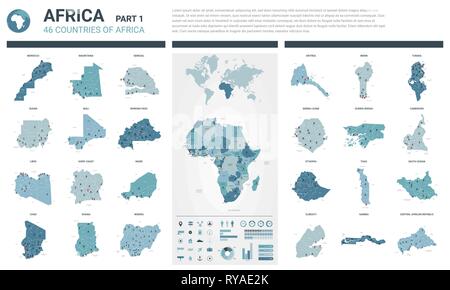 Mappe vettoriali set. Alta 46 dettagliate mappe di paesi africani con la divisione amministrativa e città. Mappa politico, mappa del continente africano, mondo ma Illustrazione Vettoriale