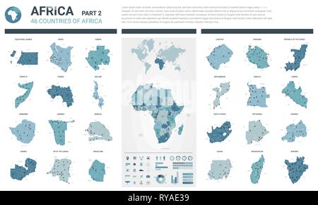 Mappe vettoriali set. Alta 46 dettagliate mappe di paesi africani con la divisione amministrativa e città. Mappa politico, mappa del continente africano, mondo ma Illustrazione Vettoriale
