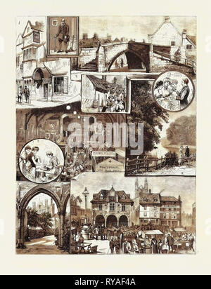 L'esposizione industriale a Peterborough, bozzetti in e attorno alla città: 1. Portico di The Swan Inn, 2. Vecchio Scarlett's Foto nella cattedrale, 3. Croyland ponte triangolare, 4. Il gli ospizi di carità, 5. "Appena schiusa" incubatori di pollo in mostra, 6. Il Lynch, 7. La mostra da luce elettrica, 8. Calza macchina da maglieria in mostra, 9. Vista dall'Infermeria rovine, 10. La piazza del mercato Foto Stock