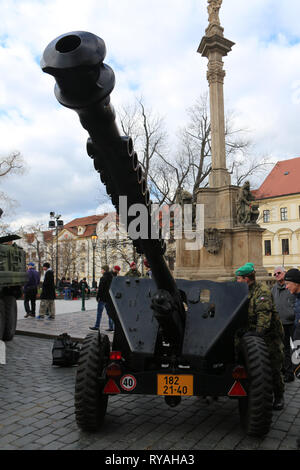 Praga, Repubblica Ceca. Xii Mar, 2019. La gente visita un equipaggiamento militare mostra a Praga e nella Repubblica Ceca, il 12 marzo 2019. La mostra si è svolta qui in occasione del ventesimo anniversario di adesione della Repubblica ceca all'Organizzazione del Trattato del Nord Atlantico (NATO). Credito: Dana Kesnerova/Xinhua/Alamy Live News Foto Stock