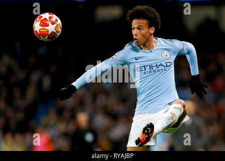 Manchester, Reino Unido. Xii Mar, 2019. Sané durante il match tra Manchester City e Schalke 04 detenuti presso Etihad Stadium di Manchester, Ma. Il match è la seconda manche di qualifica del 2018/19 UEFA Champions League Round di 16. Credito: Marco Galvão/FotoArena/Alamy Live News Foto Stock