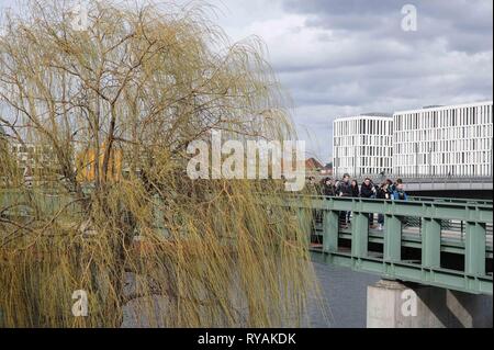 Berlino, Germania. Xii Mar, 2019. I pedoni a piedi su un ponte sopra il fiume Sprea a Berlino, capitale della Germania, il 12 marzo 2019. Credito: Shan Yuqi/Xinhua/Alamy Live News Foto Stock