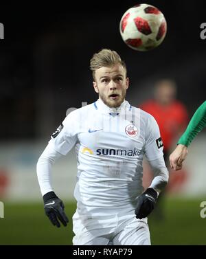 Muenster, Deutschland. Xii Mar, 2019. firo: 12.03.2019, calcio, 2018/2019, 3.Bundesliga SC Preussen, la Prussia Muenster Munster - Hansa Rostock 0: 1 Guillaume Cros, singola azione | Utilizzo di credito in tutto il mondo: dpa/Alamy Live News Foto Stock