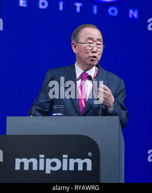 Cannes, Francia - 13 Marzo 2019: MIPIM - leader mondiale nel settore del mercato immobiliare. Ban Ki-moon, 8 il Segretario Generale delle Nazioni Unite, aperto MIPIM la trentesima edizione. Organizzazione delle Nazioni Unite, Ban Ki Moon, | Utilizzo di tutto il mondo Foto Stock