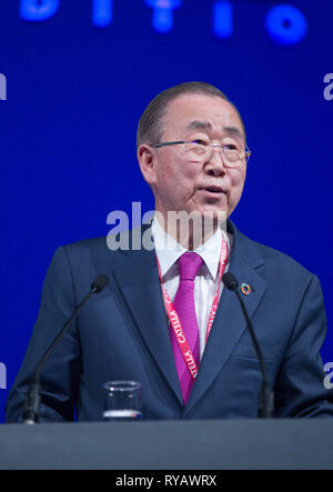 Cannes, Francia - 13 Marzo 2019: MIPIM - leader mondiale nel settore del mercato immobiliare. Ban Ki-moon, 8 il Segretario Generale delle Nazioni Unite, aperto MIPIM la trentesima edizione. Organizzazione delle Nazioni Unite, Ban Ki Moon, | Utilizzo di tutto il mondo Foto Stock