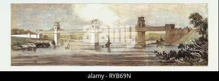 Stephenson del Tunnel di ferro Ponte ferroviario, Britannia, oltre il Menai Straits, 1846 Foto Stock