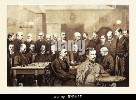 La Internazionale congresso scacchi: alcuni dei principali membri del Liverpool Chess Club, il sig. Harris, il sig. B. barbiere, Rev. H.H. Higgins, il sig. C.H. Cox, il sig. S. Wright, il sig. Formby, il sig. A. Masterizzazione (Presidente), il Rev. J. Owen, sig. J. Gallagher, il sig. Wellington, il sig. Kaizer, sig. J. Lister, il sig. Ellis, il sig. Powell, il sig. cuoio, il sig. A. Meyers, il sig. W. Clissold, il sig. H. Bennett, il sig. G. Whitehead, il sig. Charney, il Sig. Howard, il sig. J.H. Blackburne, il dottor Sinclair, 1890 l'incisione Foto Stock