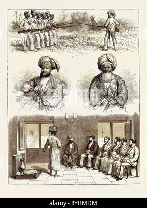 Il Livingstone Expedition: 1. La perforazione Nasik ragazzi a Zanzibar, 2. H.H. Sayid Bergash, Sultano di Zanzibar, 3. Sayid Suliman, Gran Visir, 4. Ricezione privata di Livingstone Expedition presso il Palazzo del Sultano Foto Stock