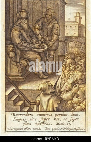 Pilato si lava le mani nell'innocenza, Hieronymus WIERIX, 1563 - prima del 1619 Foto Stock