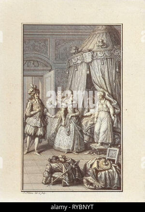 Tre riccamente vestite figure entra in una stanza. Gli amanti colti di sorpresa. stampa maker: Jacob Folkema (menzionato in oggetto), risalente 1702 - 1767 Foto Stock