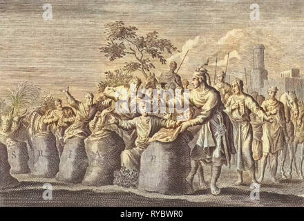 Joseph di Silver Cup si trova a Benjamin il sacco, Jan Luyken, Pieter Mortier, 1703 - 1762 Foto Stock
