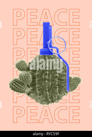 Verde cactus e armi granata come un simbolo o un concetto di pace. L'arte contemporanea collage. Foto Stock