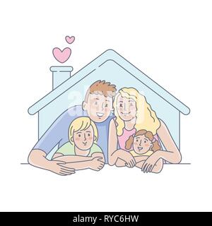 Happy family concept. Younf famiglia con figlia della madre e padre guardando dalla sua casa e sorridente. Illustrazione Vettoriale