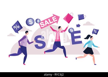 Vettore di persone in esecuzione. Grande vendita concetto con stile semplice e le persone in esecuzione. Illustrazione Vettoriale
