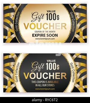 Vector gift voucher modello. Universal flyer per business. luxury gold design nero per magazzini, business. 100 dollari Illustrazione Vettoriale