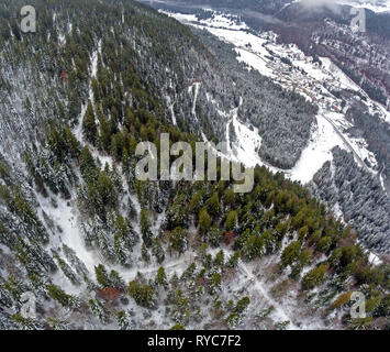 Drone sorprendente colpo di un nevoso foresta alpina. La parte superiore verso il basso drone shot scatti coperta di neve sentieri attraverso una foresta dopo la caduta di neve fresca. Foto Stock