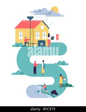 Green eco friendly people illustrazione della comunità su sfondo isolato. Diversi uomini e donne facendo Earth care azioni nel quartiere sostenibile fo Illustrazione Vettoriale