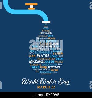 Giornata mondiale dell'acqua illustrazione per il cambiamento climatico e l'ambiente il concetto di cura. Esecuzione di toccare waterdrop con virgolette. Illustrazione Vettoriale