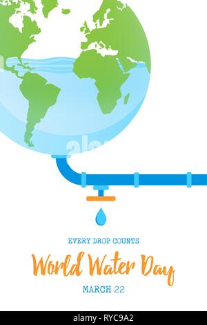 Giornata mondiale dell'acqua illustrazione per il cambiamento climatico e l'ambiente il concetto di cura. Blue Planet Earth con acque basse e. Illustrazione Vettoriale