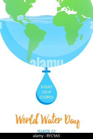 Giornata mondiale dell'acqua illustrazione per il cambiamento climatico e l'ambiente il concetto di cura. Blue Planet Earth con acque basse e. Illustrazione Vettoriale