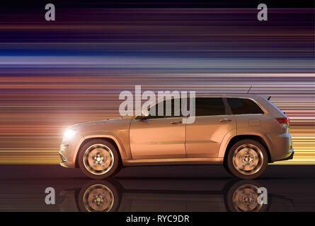 3D rendering di un moto panning di un SUV Foto Stock