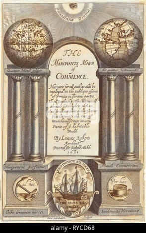 Seeing Eye guarda giù su architettura premiato con il globo mondo e globo celeste su pilastri su entrambi i lati del titolo, Cornelis van Dalen I, Ralph la Mabb, 1638 Foto Stock