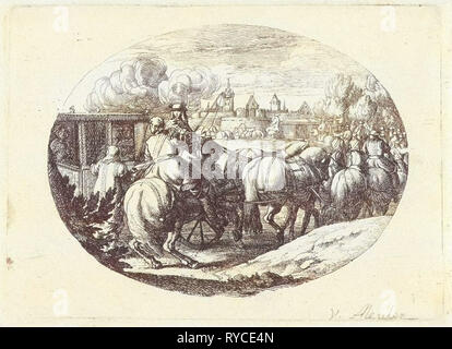 Esercito e carrelli andare in una città, Jan van Huchtenburg, Adam Frans van der Meulen, 1674 - 1733 Foto Stock