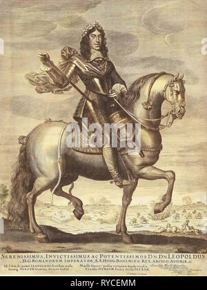 Ritratto di Leopoldo I, imperatore di Germania, a cavallo, Cornelis van Dalen (II), Wallerant Vaillant, 1648 - 1664 Foto Stock