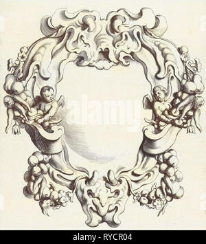 Cartiglio con lobo ornamento con due putti, stampa maker: Michiel Mosijn, Gerbrand van den Eeckhout, Clement De Jonghe, 1640 - 1655 Foto Stock