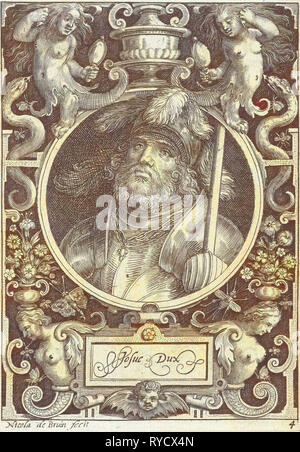 Ritratto di Joshua medaglione all'interno della cornice rettangolare con ornamenti, Nicolaes De Bruyn, 1594 Foto Stock