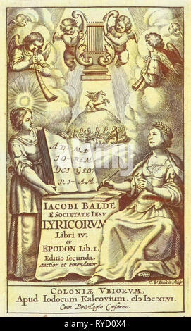 Scrive femmina e trae ispirazione dalle muse mentre angeli suonano strumenti musicali, Cornelis van Dalen (MI), Jost Kalckhoven, Keizer, 1646 Foto Stock