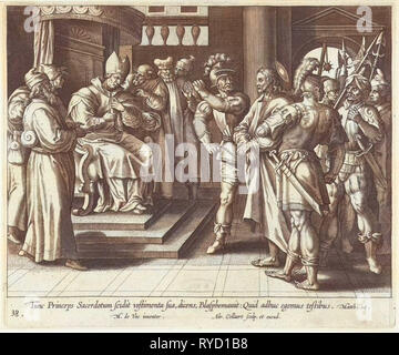 Cristo davanti a Caifa, stampa maker: Adriaen Collaert, Maerten de Vos, 1598 - 1618 Foto Stock