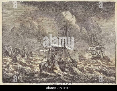 Tre navi a vela in una tempesta vicino a una spiaggia rocciosa, Adam Silo, 1689-1760 Foto Stock