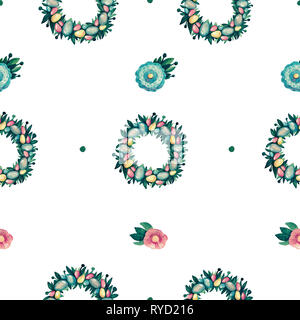 Ghirlanda di pasqua con uova decorative, foglie verdi fiori seamless pattern. Bambini carattere festoso della vacanza Foto Stock