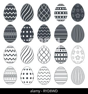 Uova di Pasqua per libro da colorare. Set di nero e di bianco uova di pasqua isolato su uno sfondo bianco. Illustrazione Vettoriale