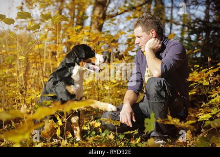 L uomo e la maggiore Swiss Mountain Dog Foto Stock