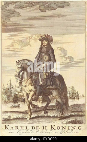 Ritratto equestre di Carlo II, re d'Inghilterra, Jan Luyken, anonimo, Jan Claesz dieci Hoorn, 1685 Foto Stock