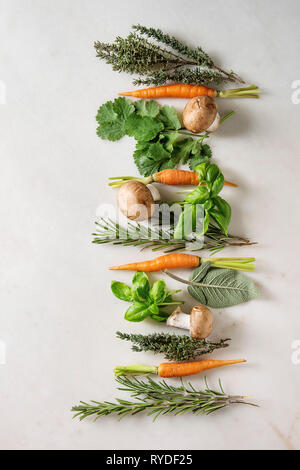 Varietà di cucina fresca erbe con mini carote e funghi champignon in fila su marmo bianco dello sfondo. Appartamento laico, spazio. Concetto di cucina a vista, cibo Foto Stock