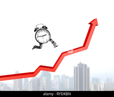Orologio sveglia con gambe umane in esecuzione sulla crescita della freccia rossa grafico, sul grattacielo della città sullo sfondo. Foto Stock