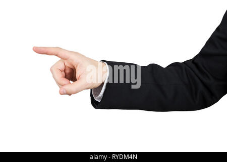 Business man mano in abito nero puntare il dito indice. Isolato su sfondo bianco Foto Stock