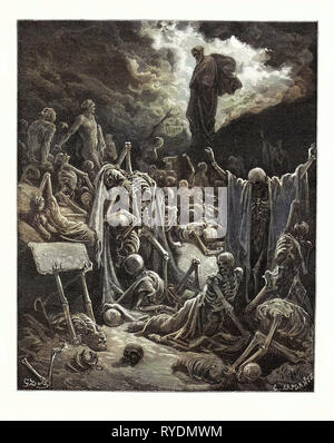 La visione della Valle delle ossa inaridite, Ezechiele da Gustave Doré, 1832 - 1883, francese. 1870, arte, artista, romanticismo, Colore, Colore incisione, diventando viva, osso, morto, morte, Ezechiele, metamorfosi, Profeta, profetico della risurrezione, romantico, lo scheletro, visione Foto Stock