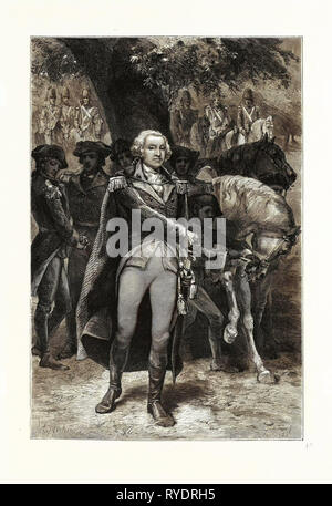 Washington prendendo il comando. George Washington (1732-1799), militare generale e primo presidente degli Stati Uniti d'America, STATI UNITI D'AMERICA Foto Stock