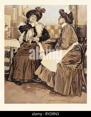 Con il cuoco in cucina. Intorno al 1900, alimenti e bevande, Liszt Archivio Gourmet, cappello, cucina, Donna Donne, culinaria, uniforme, domestici, in interni Foto Stock