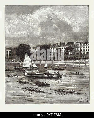 I Cedri, Putney, sede di Cambridge. La Regata è un annuale gara di canottaggio tra Oxford University Boat Club e la Cambridge University Boat Club, remato tra imprese concorrenti Eights sul Fiume Tamigi a Londra, Inghilterra, incisione 1876, Regno Unito, Gran Bretagna British, Europa, Regno Unito, Gran Bretagna, europeo Foto Stock