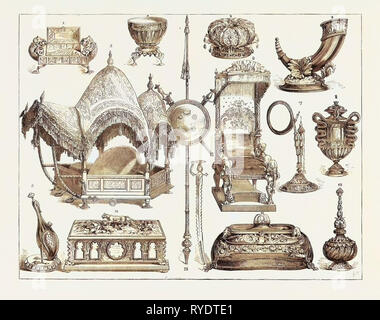 Il Principe di Galles gioielli indiani a South Kensington, Londra, sedia, intagliato.(Madura). 7.-Hookah un intarsio di argento (Lucknow). 8 - Vaso placcato (Nahun). 9.--Gulab-Dan, sotto forma di un uccello, argento dorato (Tonk). Zo.-scrigno di indirizzo (Madras), incisione 1876 Foto Stock