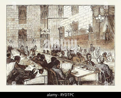 Altoparlante Mackey giuramento di età repubblicana deputati nella legislatura House, Columbia, nella Carolina del Sud, incisione 1876, noi, Stati Uniti d'America, America, Stati Uniti Foto Stock