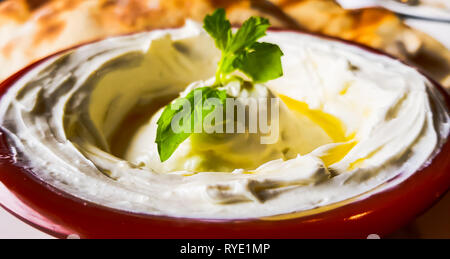 Labneh, una spessa e cremosa salsa di yogurt con foglie di menta e olio d'oliva. Cibo libanese e mediorientale. Vista ravvicinata di un sano pasto mediterraneo. Foto Stock